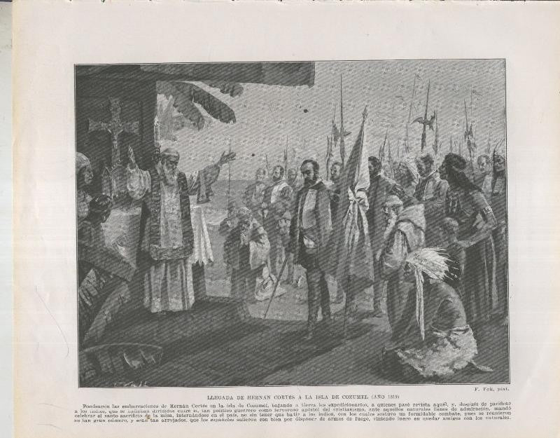 Historia de España lamina 051: Llegada de Hernan Cortes a la isla de Cozumen (1519)