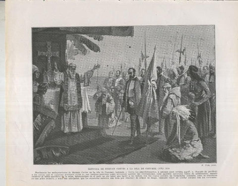 Historia de España lamina 051: Llegada de Hernan Cortes a la isla de Cozumen (1519)