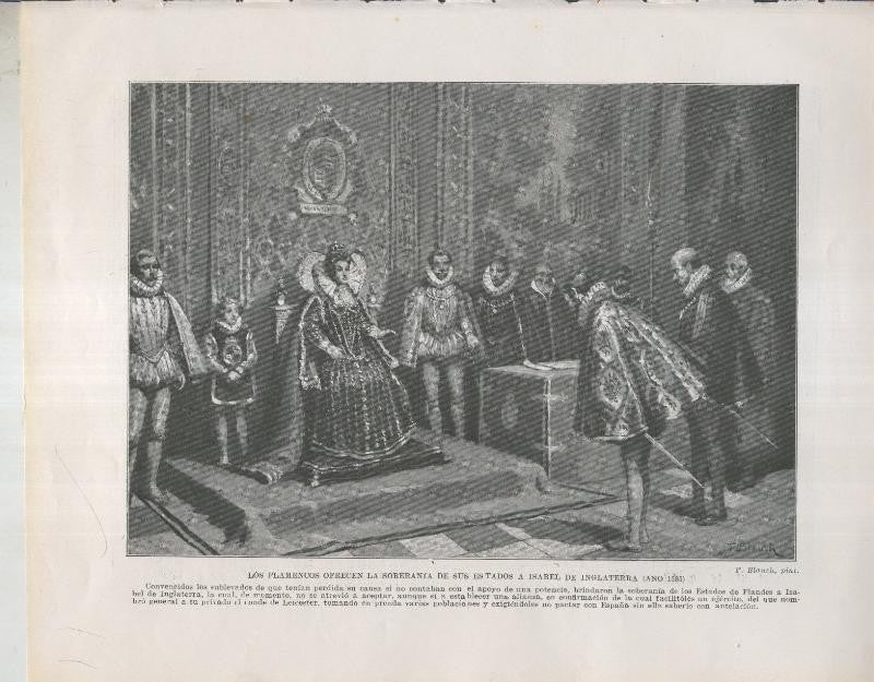 Historia de España lamina 058: Los Flamencos ofreciendo la soberania a Isabel de Inglaterra (1585)