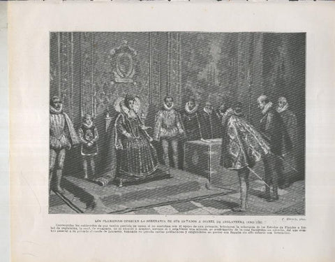 Historia de España lamina 058: Los Flamencos ofreciendo la soberania a Isabel de Inglaterra (1585)