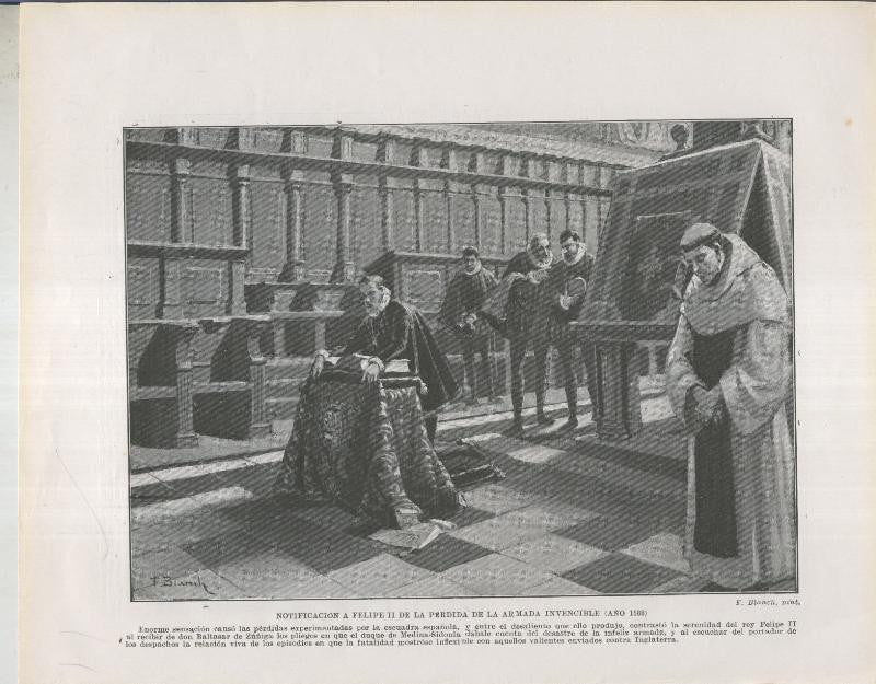 Historia de España lamina 059: Notificacion a Felipe II de la perdida de la Armada Invencible (1588)