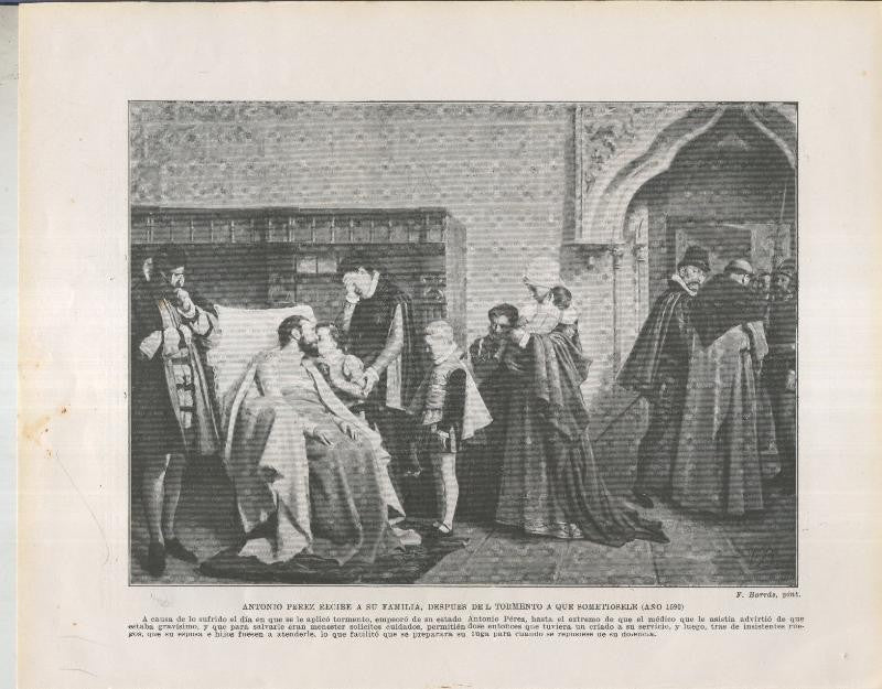 Historia de España lamina 060: Antonio Perez con su familia despues del tormento (1590)