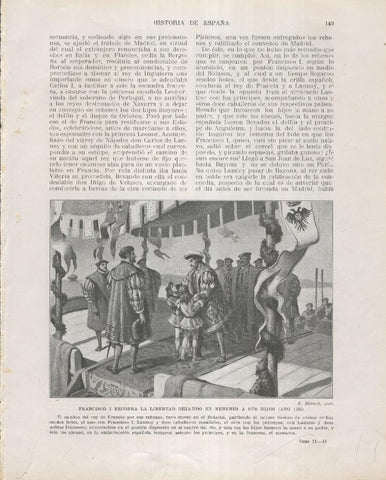 Historia de España lamina 119: Francisco I recobra la libertad dejando a sus hijos de rehenes (1526)