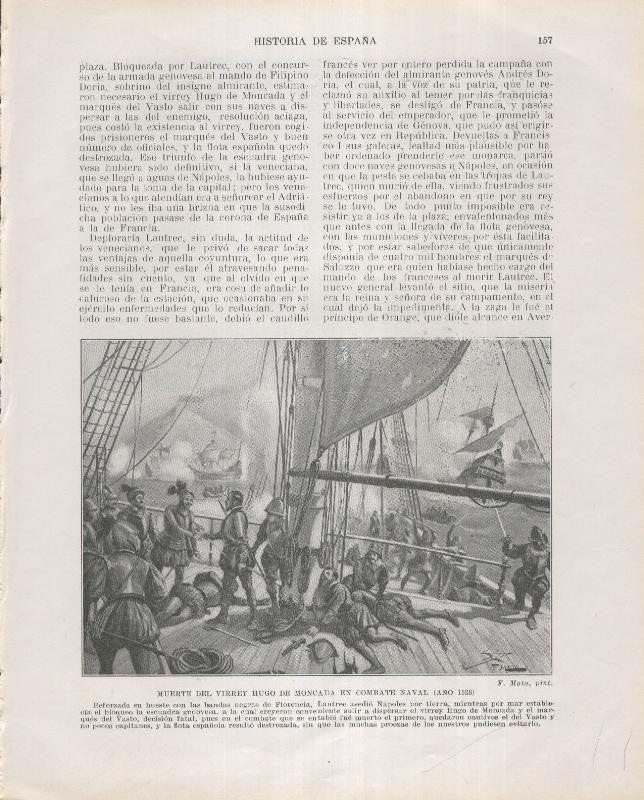 Historia de España lamina 122: Muerte del virrey Hugo de Moncada en combate naval (1528(