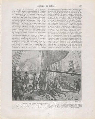 Historia de España lamina 122: Muerte del virrey Hugo de Moncada en combate naval (1528(