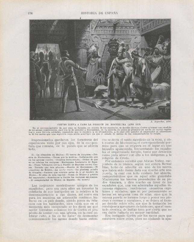 Historia de España lamina 128: Cortes lleva a cabo la prision de Moctezuma (1519)