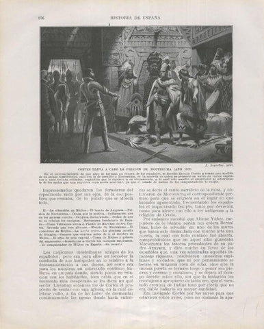 Historia de España lamina 128: Cortes lleva a cabo la prision de Moctezuma (1519)