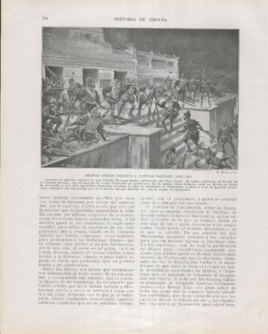 Historia de España lamina 129: Hernan Cortes derrota a Panfilo Narvaez (1520)