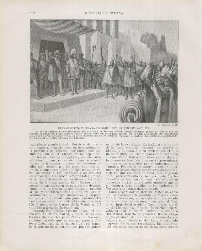 Historia de España lamina 131: Hernan Cortes proclama un nuevo rey en Tezcuco (1521)