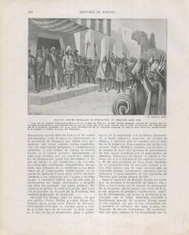 Historia de España lamina 131: Hernan Cortes proclama un nuevo rey en Tezcuco (1521)