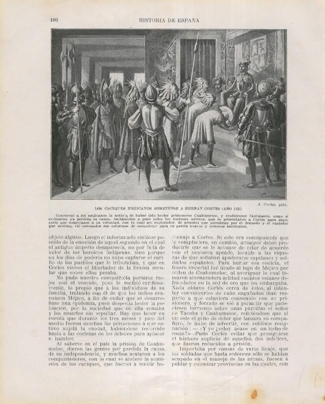 Historia de España lamina 133: Caciques mejicanos sometiendose a Hernan Cortes (1521)
