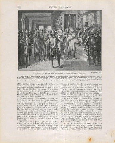 Historia de España lamina 133: Caciques mejicanos sometiendose a Hernan Cortes (1521)