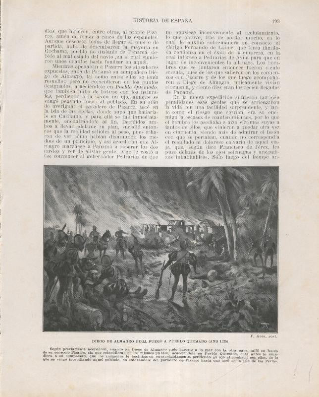 Historia de España lamina 136: Diego de Almagro pega fuego a Pueblo quemado (1525)