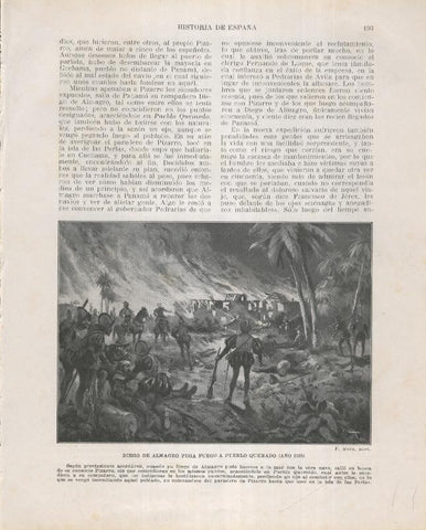 Historia de España lamina 136: Diego de Almagro pega fuego a Pueblo quemado (1525)