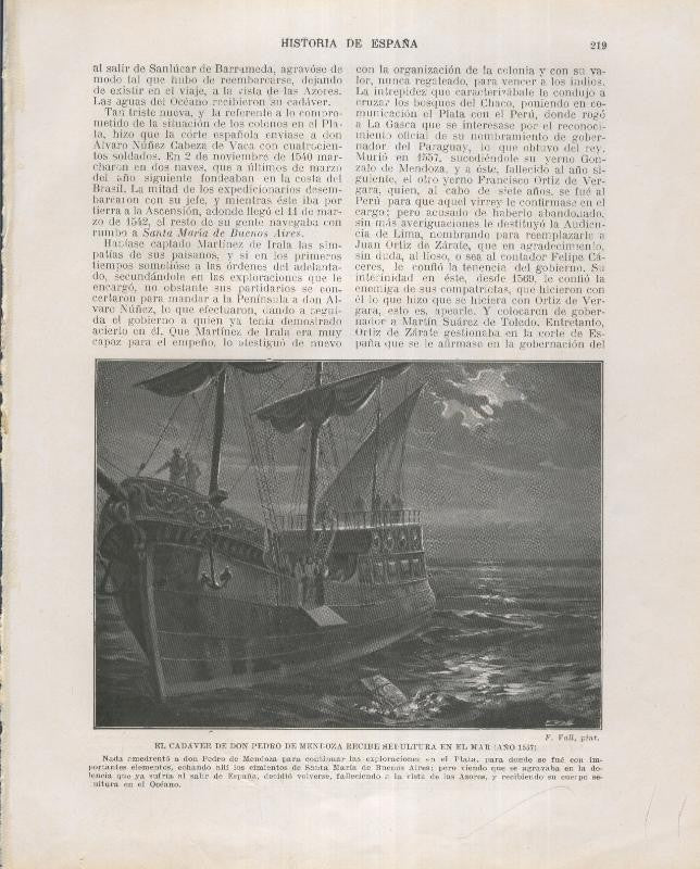 Historia de España lamina 149: Sepultura en el mar de Don Pedro de Mendoza (1537)