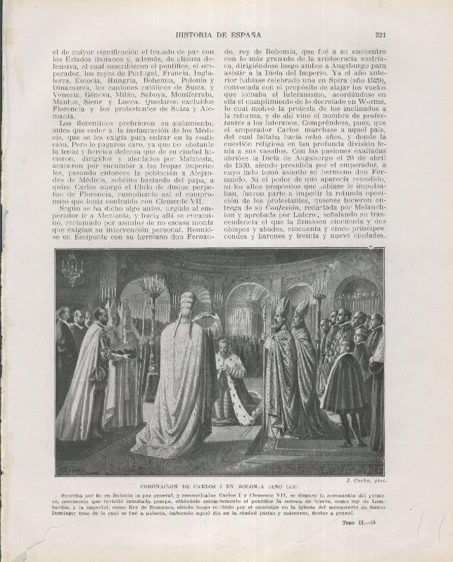 Historia de España lamina 150: Coronacion de Carlos I en Bolonia (1530)