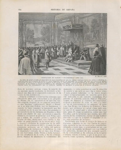 Historia de España lamina 164: Abdicacion de Carlos V en Bruselas (1555)
