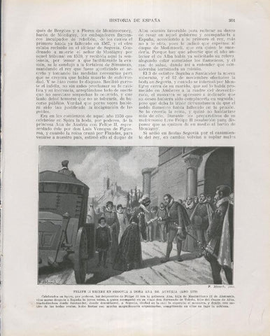 Historia de España lamina 185: Felipe II recibiendo en Segovia a Doña Ana de Austria (1570)