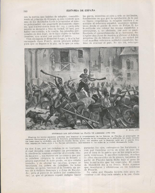 Historia de España lamina 190: Recobran los españoles la plaza de Amberes (1576)