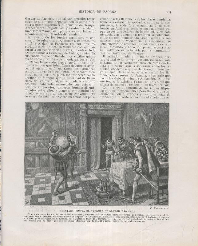 Historia de España lamina 197: Atentado contra el principe de Orange (1582)