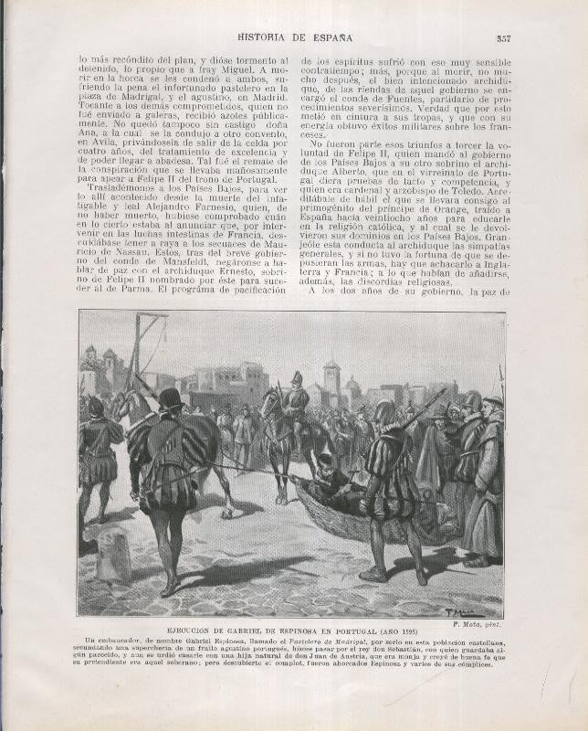 Historia de España lamina 208: Ejecucion de Gabriel de Espinosa en Portugal (1595)