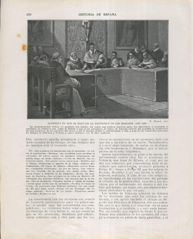 Historia de España lamina 214: Asamble donde se discute la expulsion de los moriscos (1606)