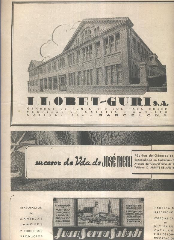 Propaganda comercial de Llobet Guri S.A, de Vda de Jose Riera, de Juan Serra Sabadi