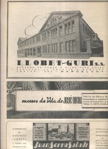 Propaganda comercial de Llobet Guri S.A, de Vda de Jose Riera, de Juan Serra Sabadi