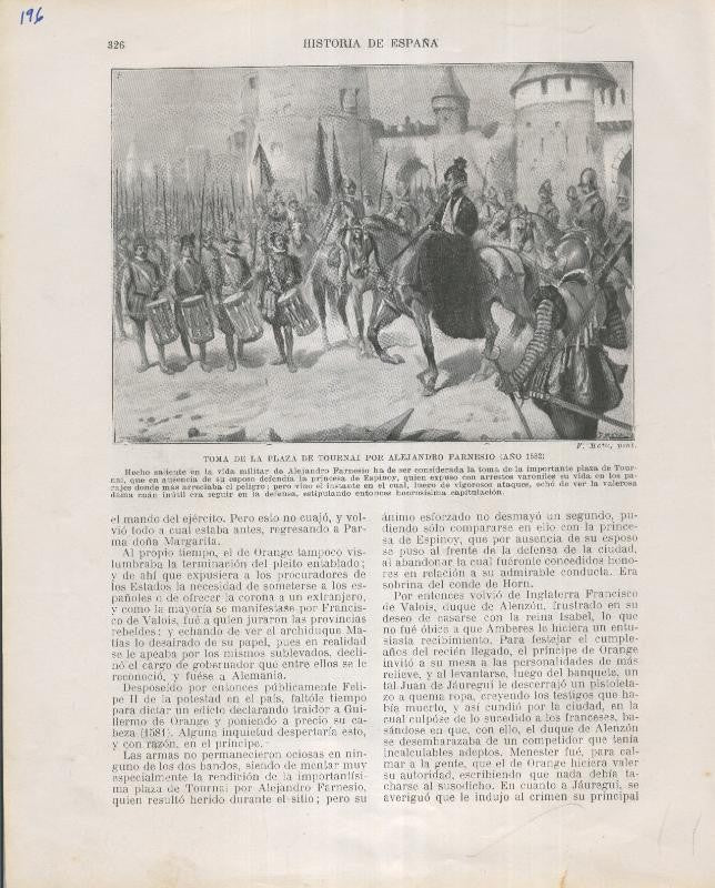 Historia de España lamina 196: Toma de la plaza de Tournai por Alejandro Farnesio (1582)
