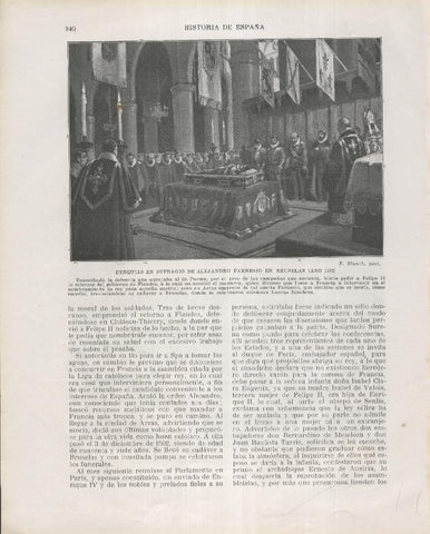 Historia de España lamina 201: Exequias en sufragio de Alejandro Farnesio en Bruselas (1592)