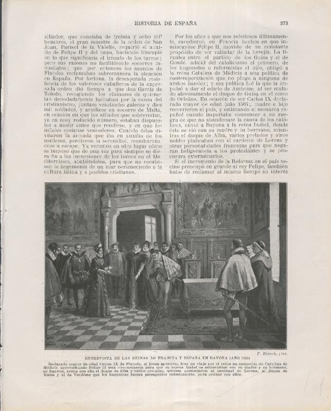 Historia de España lamina 173: Entrevista en Bayona de las reinas de Francia y España (1565)