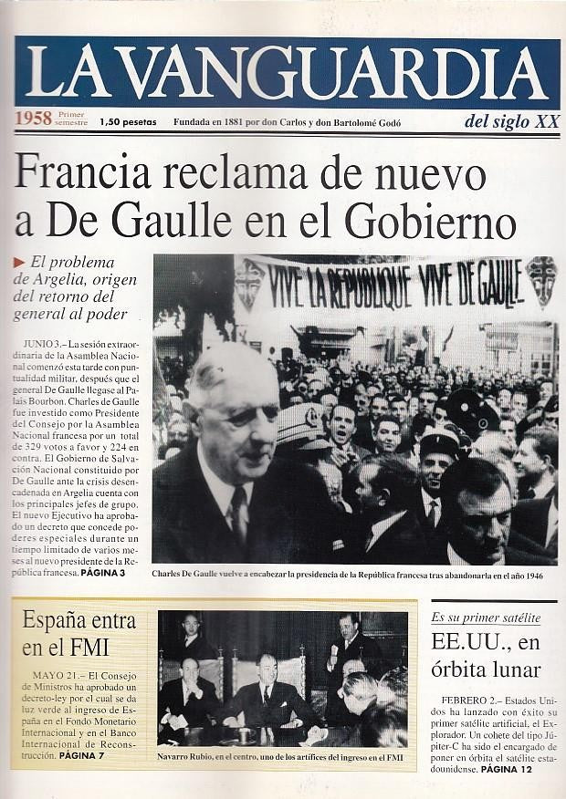 LA VANGUARDIA año 1958 primer semestre. Francia reclama de nuevo a De Gaulle en el Gobierno