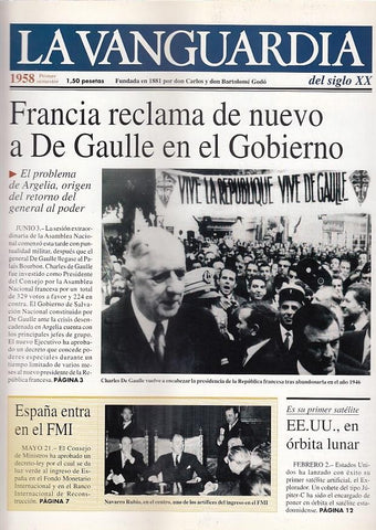 LA VANGUARDIA año 1958 primer semestre. Francia reclama de nuevo a De Gaulle en el Gobierno