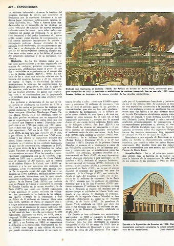 LAMINA MONITOR 0485: ENTRADA A LA EXPOSICION DE BRUSELAS DE 1958. GRABADO QUE REPRESENTA EL INCENDIO DEL PALACIO DE CRISTAL DE NUEVA YORK