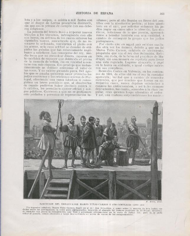 Historia de España lamina 211: Ejecucion de Marco Tulio Carzon y sus complices (1603)