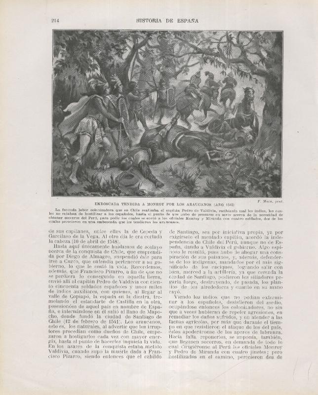 Historia de España lamina 146: Emboscada tendida a Monroy por los araucanos (1542)
