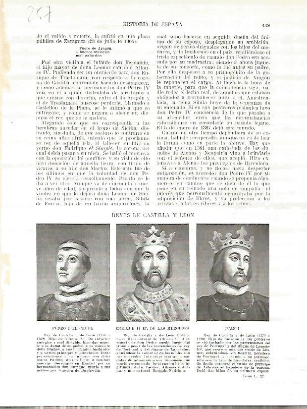 LAMINA 4770: Retratos de Pedro I el Cruel Enrique II el de las Mercedes y Juan I