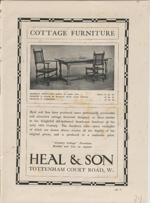 Jardines ingleses lamina 74: Cottage Furniture Heal & Son, propaganda comercial