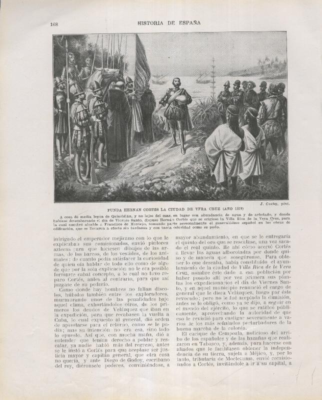 Historia de España lamina 125: Hernan Cortes fundando la ciudad de Vera Cruz (1519)