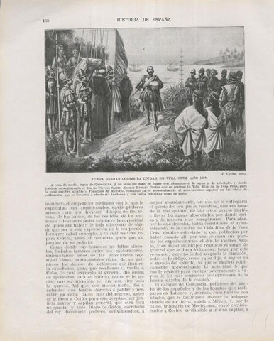 Historia de España lamina 125: Hernan Cortes fundando la ciudad de Vera Cruz (1519)