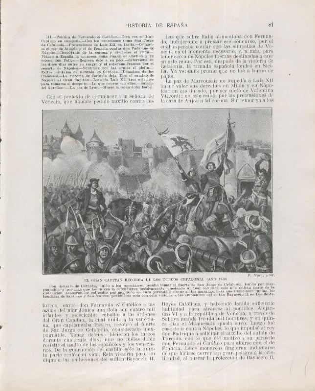 Historia de España lamina 094: El Gran Capitan recobra Cefalonia de los turcos (1500)