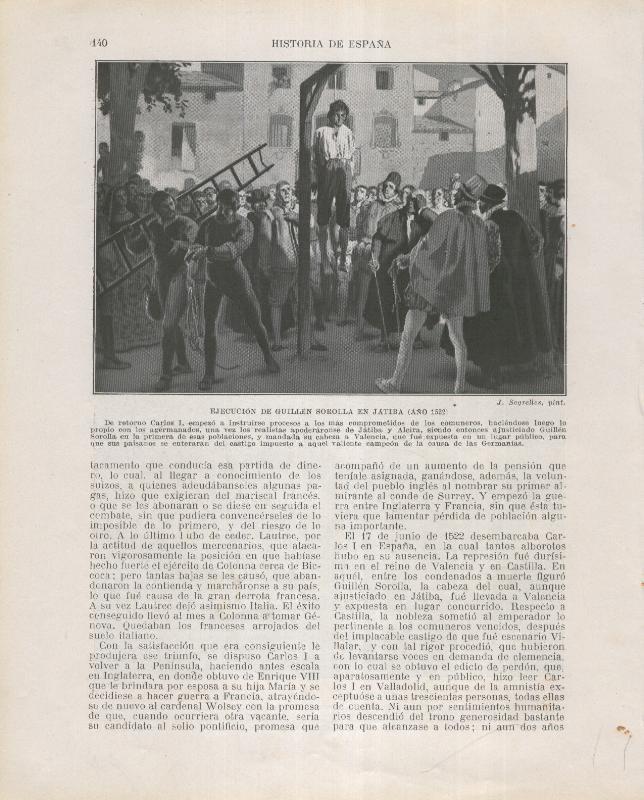 Historia de España lamina 115: Ejecucion de Guillen Sorolla en Jativa (1522)