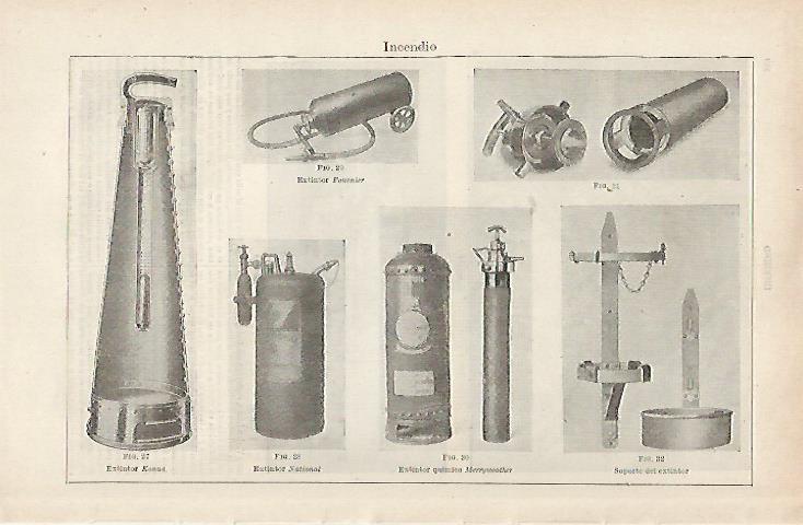 LAMINA ESPASA 19712: Extintores de fuego (modelos de epoca)