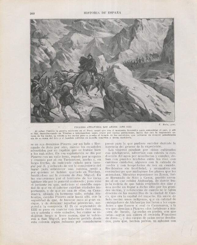 Historia de España lamina 139: Pizarro atravesando los andes (1532)