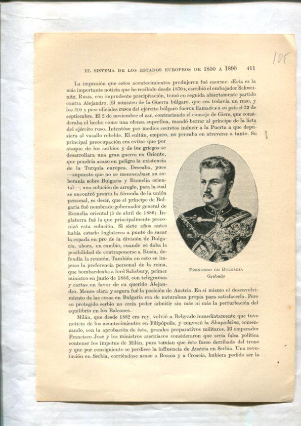 Liberalismo y Nacionalismo 1848-1890: Lamina numerada 105: Grabado de Fernando de Bulgaria