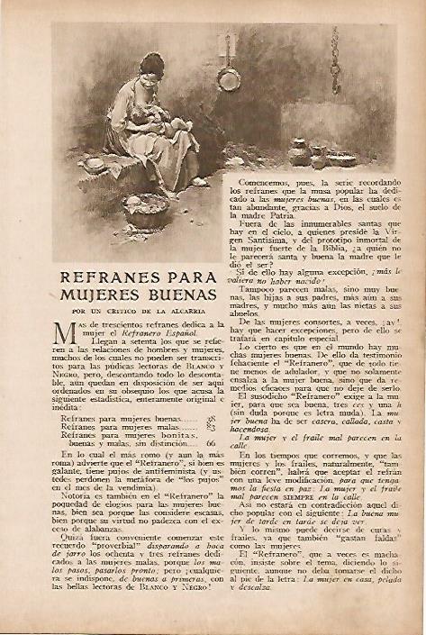 LAMINA BLANCO Y NEGRO 7780: Refranes para mujeres buenas por un critico de la Alcarria y dibujo de Regidor