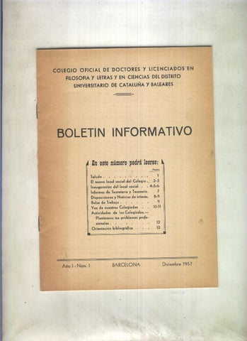 Boletin Informativo  numero 1 diciembre 1957