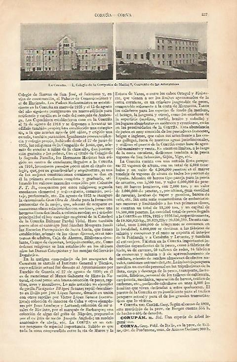 LAMINA ESPASA 25036: Colegio de la Compañia de Maria y Convento de las Adoratrices en La Coruña