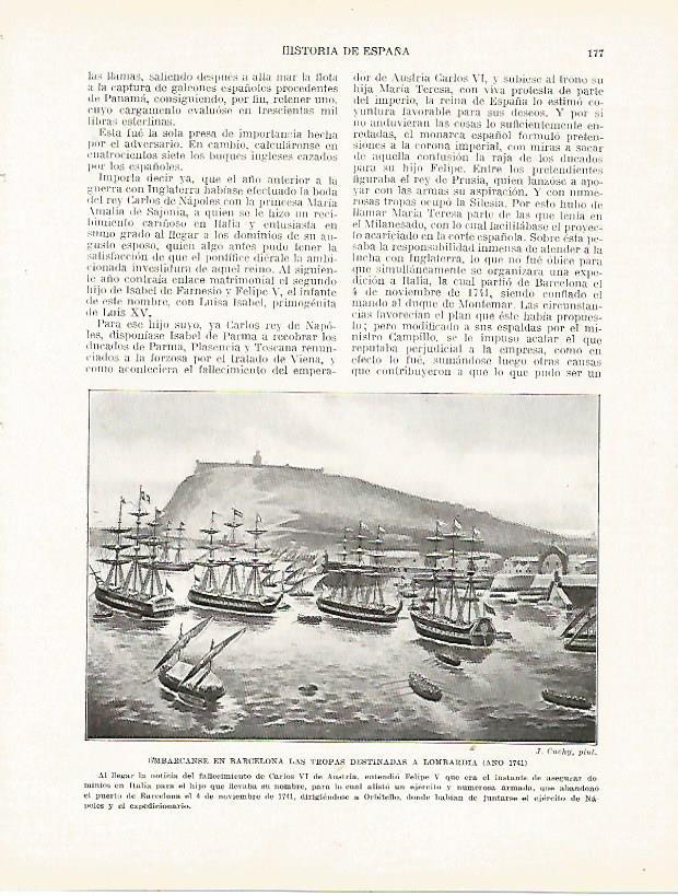 LAMINA 9199: Tropas destinadas a Lombardia embarcandose en Barcelona en 1741