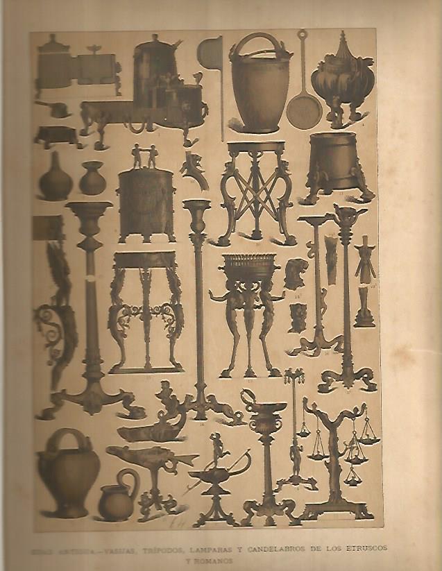 LAMINA 9646: Vasijas lamparas y candelabros de etruscos y romanos